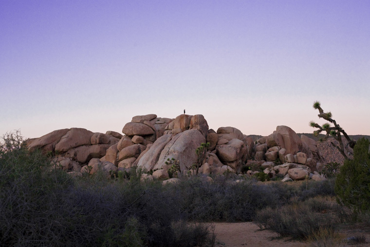 hiker on top of a joshua tree mountain raw file edited