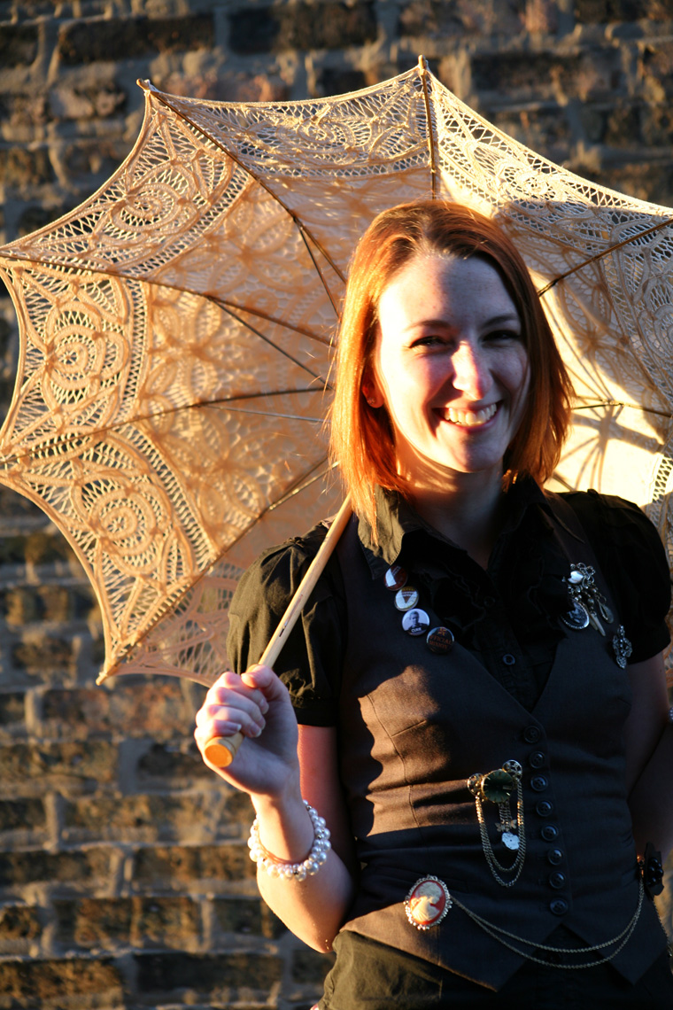 lauren steampunk smiling with umbrella